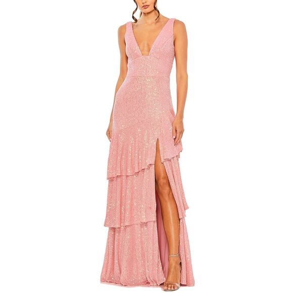 MAC DUGGAL Sequin Asymmetrical Ruffle Tiered Gown Size US2 $298 - Picture 1 of 8